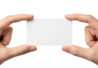 Obraz premium Hands holding a blank white card isolated on transparent background