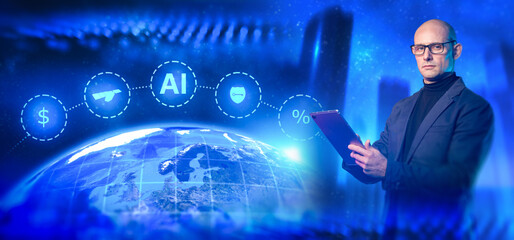 AI economy analyst evaluates global financial, security and satellite data on a tablet, interpreting interconnected indicators to support strategic digital decision-making.