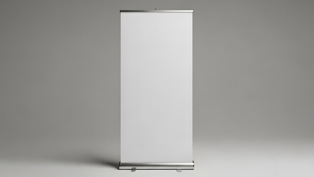 Blank white pull-up banner or roller stand display, perfect for trade shows and promotional events.