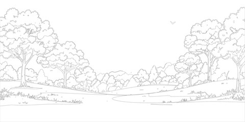 Obraz premium Nature park landscape outline drawing for coloring book page.