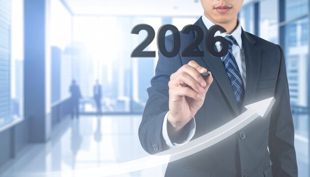 A sharp suited businessperson, penning the year 2026 above a rising arrow, representing growth and innovation, in a contemporary office setting.