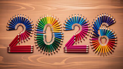 Colorful pencils arranged to form 2026 on wooden background