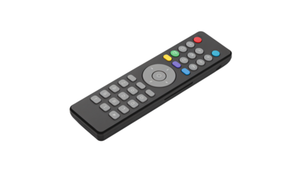 Modern gray television remote control with colored function buttons