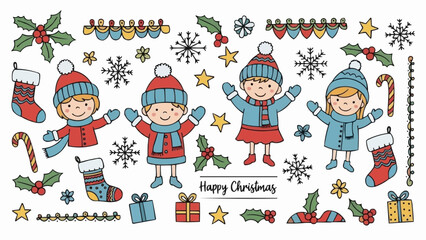 Four Happy Children Celebrating Christmas Together.