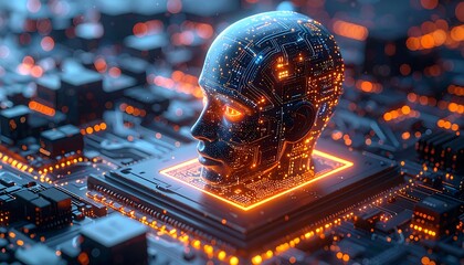 Digital human head overlaid on an intricate computer circuit board