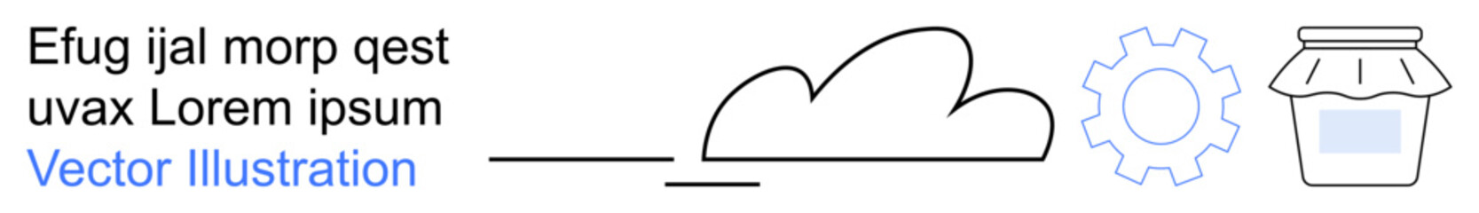 Technology systems, data sharing, cloud storage, digital transformation, automation, manufacturing. Line art of cloud, gear and jar icons. Cloud storage and data sharing concepts