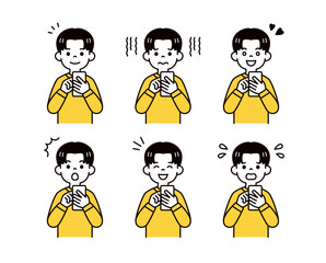 スマートフォンを操作する、いろいろな表情の10代の男性・男子学生のベクターイラスト素材セット