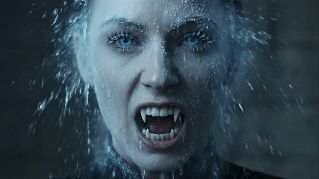 Ultra Close-Up of Vampire Woman Revealing Fangs and Suddenly Freezing into Ice with Blue Eyes