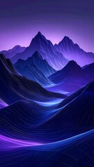 Digitally rendered landscape of mountains in shades of purple and blue