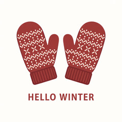Cozy winter mittens with a festive pattern and the greeting hello winter evoking warmth and seasonal cheer on a light background.