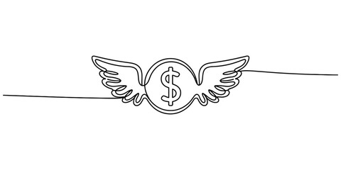 One line drawing of a flying dollar coin with wings, isolated on continuous one line art of vector illustration