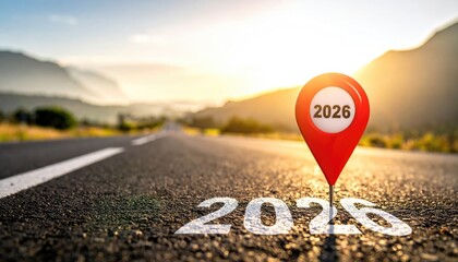 A road leading towards the year 2026, with a red location marker representing the future goals. The image symbolizes a journey of anticipation and progress.