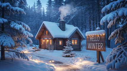 Cozy cabin nestled in a snowy winter forest with a "Hello Winter" sign and warm lights creating a magical holiday atmosphere for seasonal greetings.