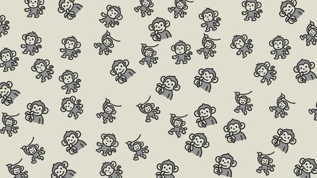 Monkey doodle pattern shows gray cartoon monkeys eating bananas and swinging playfully.
