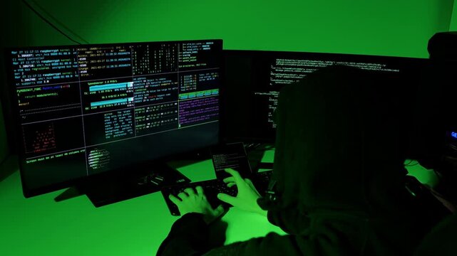 Foldable phone and dual displays show hacker code as camera slowly zooms in