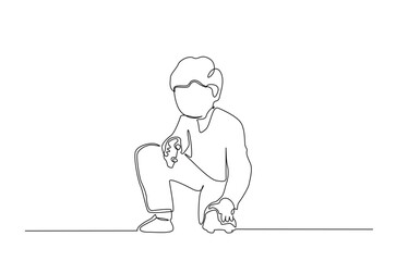 Continuous one line drawing of happy kid playing car toy. A boy playing car toy in single line art illustration. Editable vector.