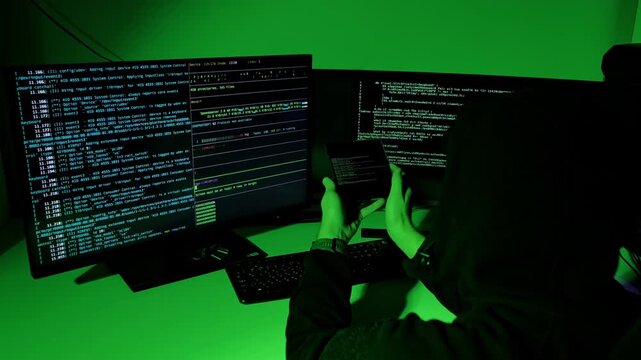 Foldable phone in hacker&rsquo;s hands showing code transferred to main terminal