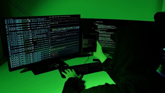 Slow zoom reveals hacker's hands using foldable smartphone with terminal screen