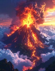 Erupting mountain spews lava, surrounded by clouds in an evening sky