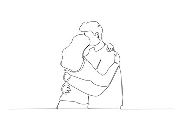 Continuous one line drawing of romantic couple Hugging. single-line art illustration depicting an young couple sharing a loving, comforting embrace. Editable vector.