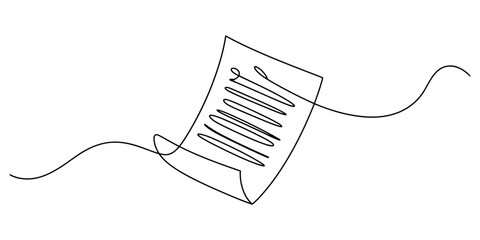 Continuous line drawing of a document or paper with scribbled text, isolated on continuous one line art of vector illustration