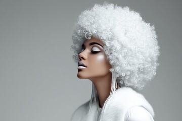Futuristic Beauty Portrait with Sculpted Curly Hair. Cloud dancer color of the year 2026