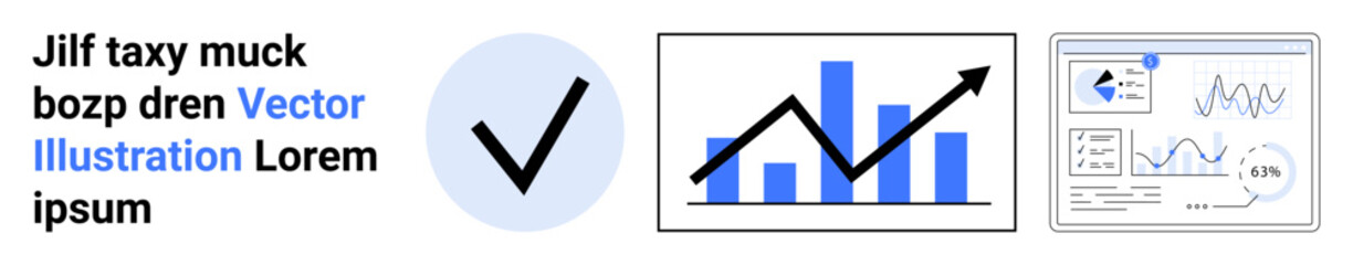 Business analytics, success metrics, data visualization, market trends, performance tracking, decision-making. Growth chart, checkmark dashboard interface. Business analytics and success metrics
