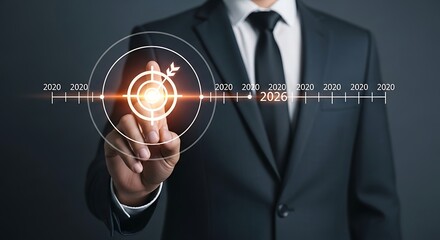 Businessman Touching Futuristic Timeline Targeting Future Goals.