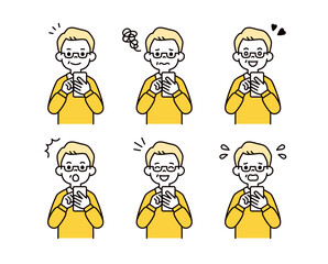 スマートフォンを操作する、いろいろな表情のシニア世代の男性・祖父のベクターイラスト素材セット