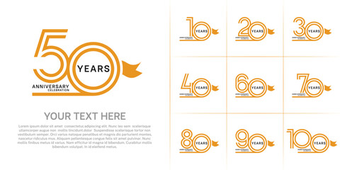 Fototapeta premium Anniversary logo style double line number set with ribbon. orange color on white background for celebration event