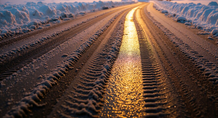 Obraz premium Close-up of tire tracks on a snowy road with a golden sunset reflection. Icy and wet asphalt in winter. Cold weather driving conditions