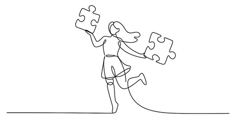 Happy young woman holding two puzzle pieces, continuous line drawing isolated on continuous one line art of vector illustration