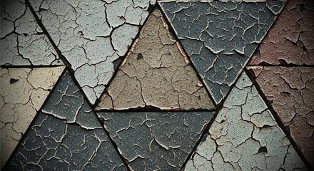 Textured, multicolored triangular tiles display significant surface degradation and cracking.
