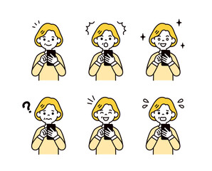 スマートフォンを操作する、いろいろな表情のシニア世代の女性・祖母のベクターイラスト素材セット