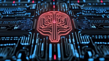 A digital illustration featuring a brain-shaped circuit design, symbolizing artificial intelligence and technology with glowing lines on a dark background.