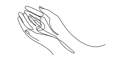 Obraz premium One continuous line drawing of two cupped hands held together, open palms facing up, gesture of receiving or offering, isolated on continuous one line art of vector illustration
