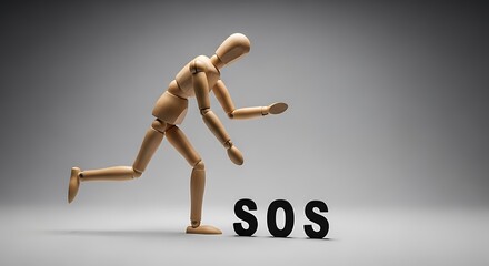 Wooden mannequin running towards SOS sign in distress.
