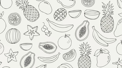 Seamless Pattern of Hand Drawn Tropical Fruits Collection.
