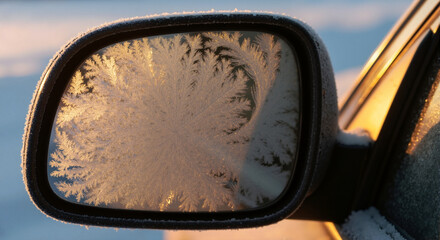 Intricate frost pattern on a car side mirror at sunrise. Close-up of ice crystals forming a natural texture in cold winter weather