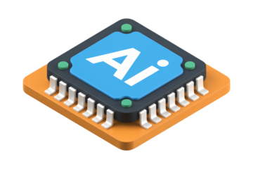 AI Microchip in Blue and Orange with Silver Pins in Isometric View with Soft Lighting for Technology Advertising