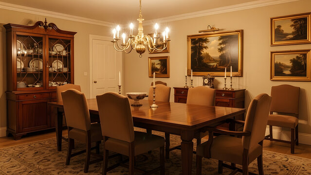 Elegant traditional dining room with dark wood furniture and chandelier interior Christmas