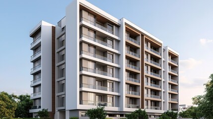 A modern residential building featuring multiple balconies and green landscaping, showcasing contemporary architectural design.