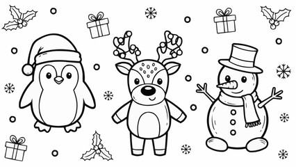 Adorable Christmas Characters - Penguin, Reindeer, and Snowman Coloring Page.