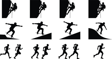 Silhouette Vector Set: Rock Climbing, Skateboarding, and Running Icons for Sports, Fitness, Outdoor Activities, Adventure, Exercise, and Active Lifestyle Graphics Design Elements