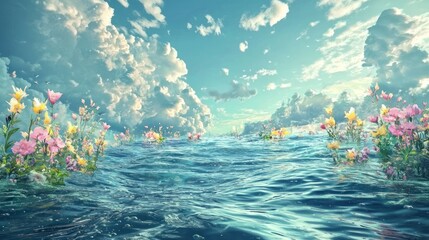 Dreamy seascape with flowers and clouds, a serene and vibrant illustration.