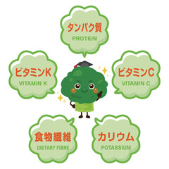 ブロッコリーのキャラクターとブロッコリーに含まれる成分イラスト／Cute Broccoli Character Illustration with Nutrients