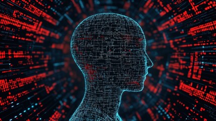 A digital silhouette of a head filled with circuits, surrounded by a backdrop of red and black data streams, symbolizing technology and artificial intelligence.