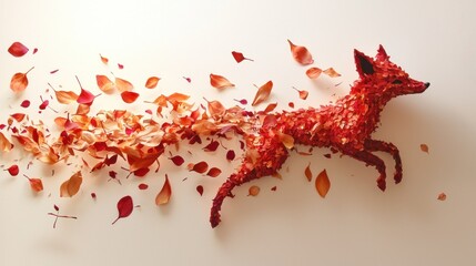 Artistic Fox Composition with Autumn Leaves on White Background.