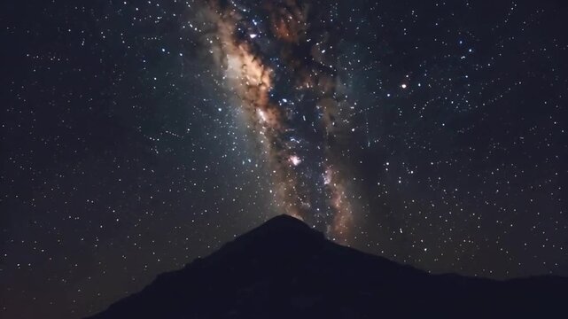 Milky way reveals its beauty above mountains nightscape capturing celestial motion offering cinematic view for stunning astronomy exploration at dark