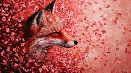 Fox in a flurry of pink petals, a digital painting.